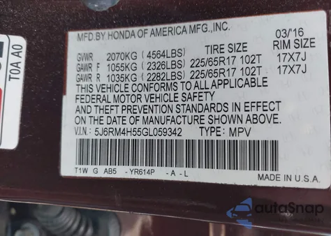 2016 Honda Cr-V Ex from USA, damaged, VIN 5J6RM4H55GL059342